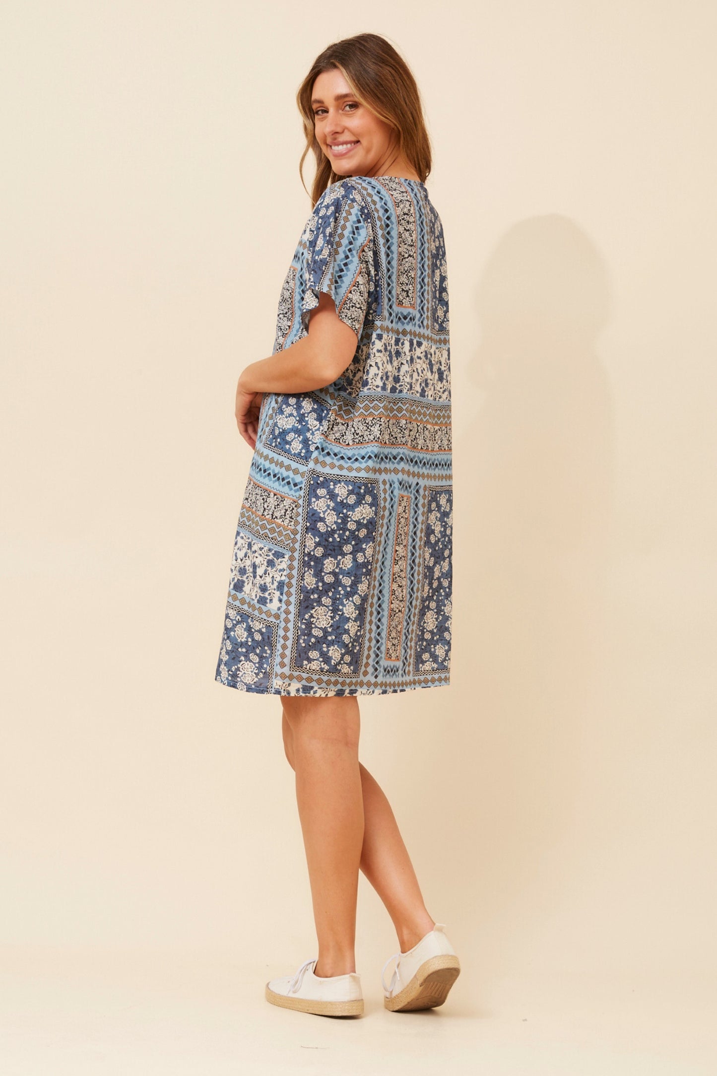 Patchwork Garden Pocket Short Shift Dress