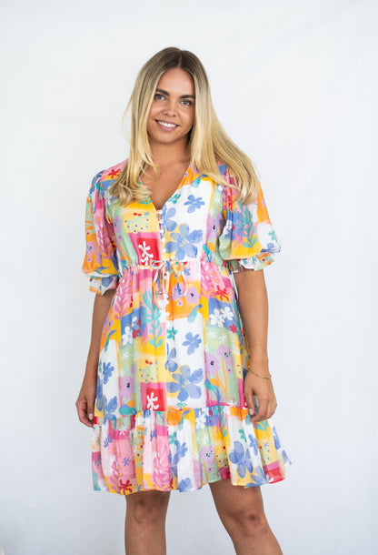 Floral Patchwork Tiered Short Dress