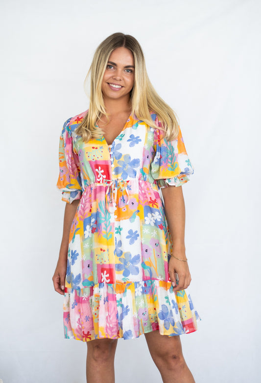 Floral Patchwork Tiered Short Dress