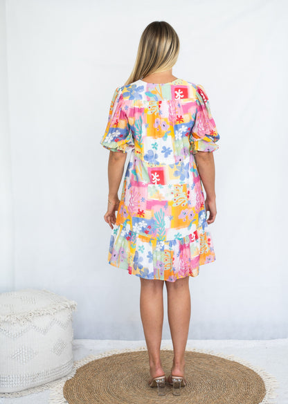 Floral Patchwork Tiered Short Dress