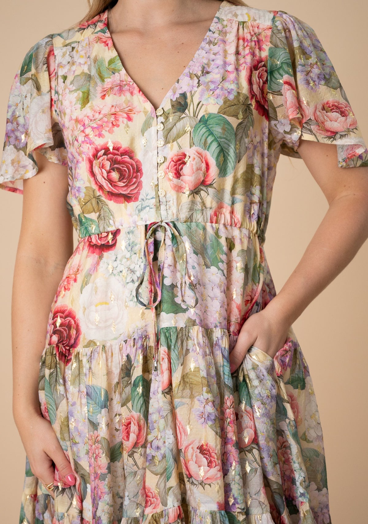 Spring Garden Foil Tiered Short Dress