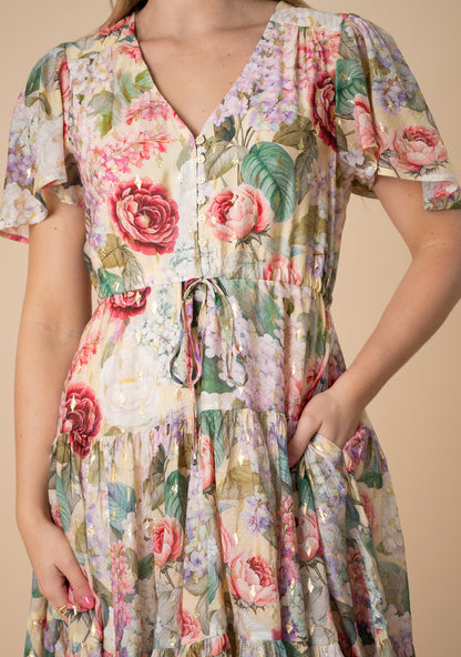 Spring Garden Foil Tiered Short Dress