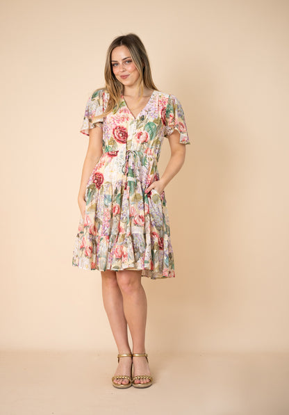 Spring Garden Foil Tiered Short Dress