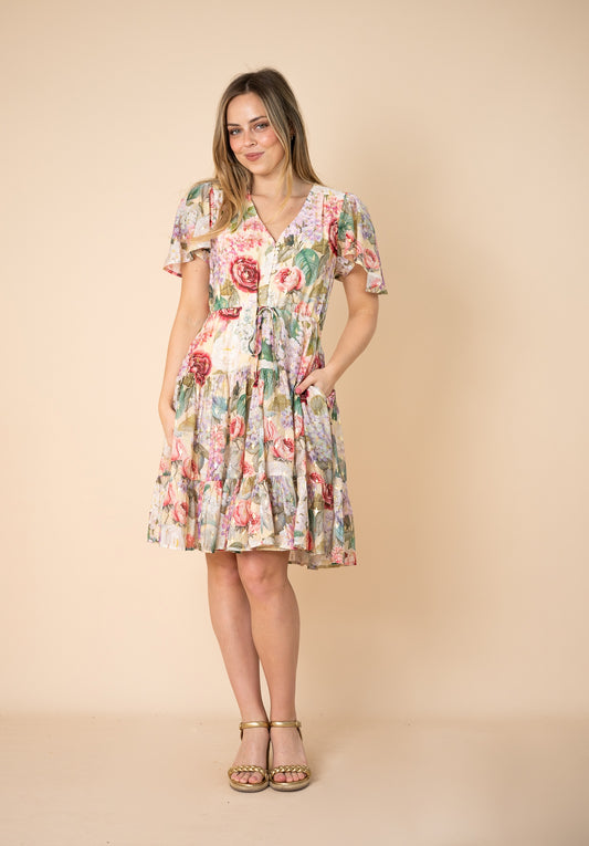 Spring Garden Foil Tiered Short Dress