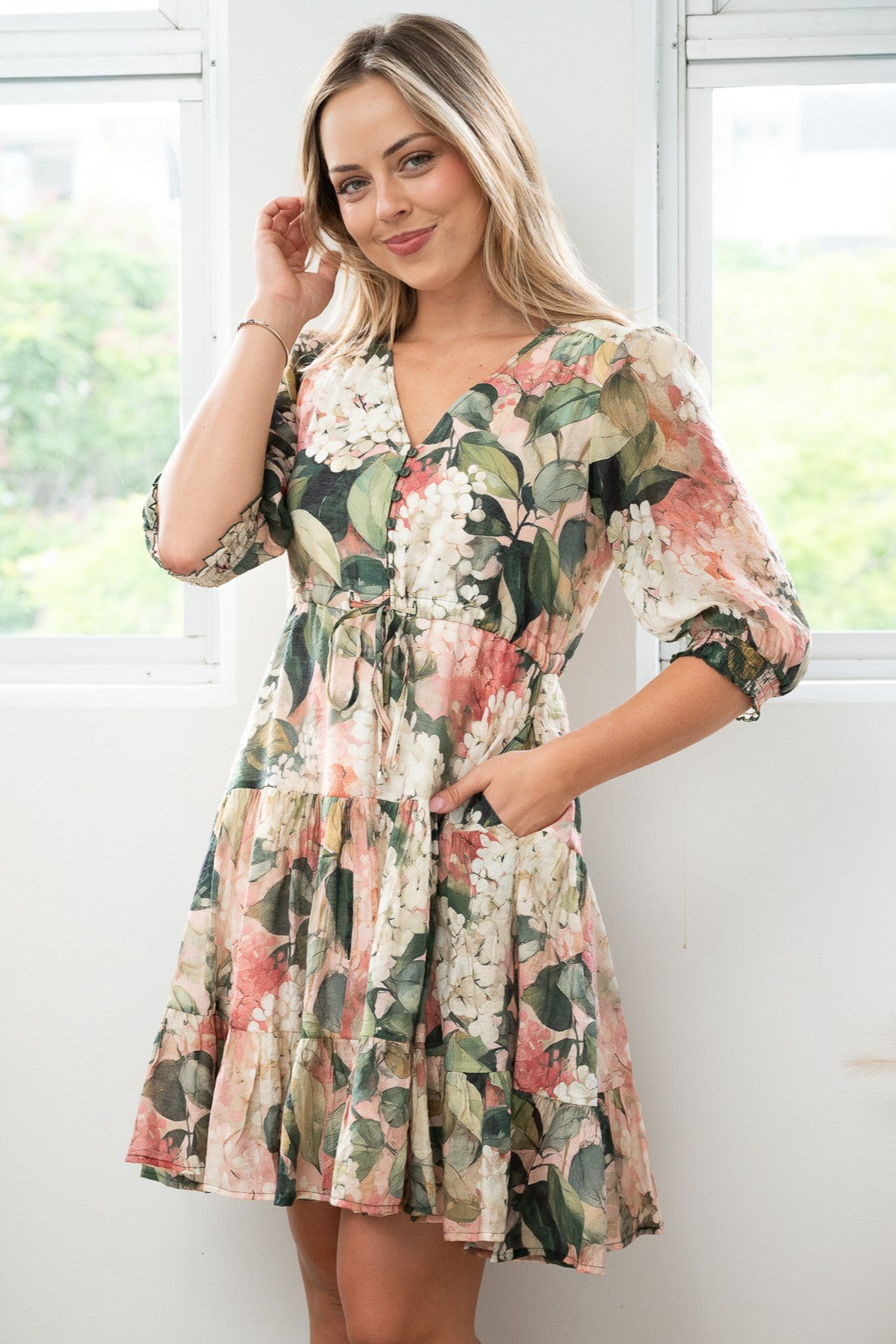 Wisteria Garden Tiered Tie-Waist Dress