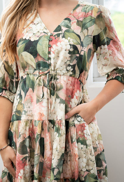 Wisteria Garden Tiered Tie-Waist Dress