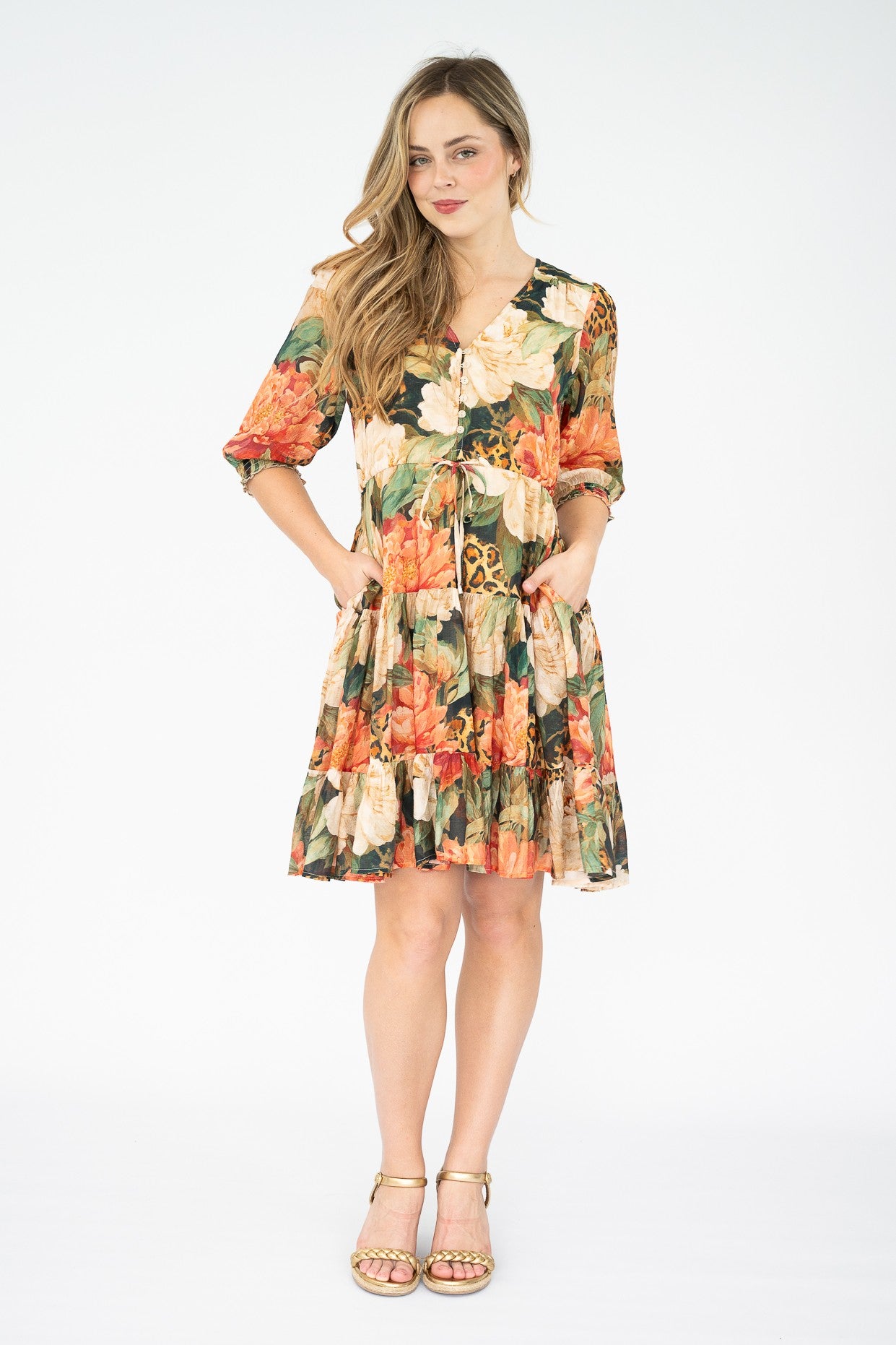 Leopard Peony Tiered Short Dress