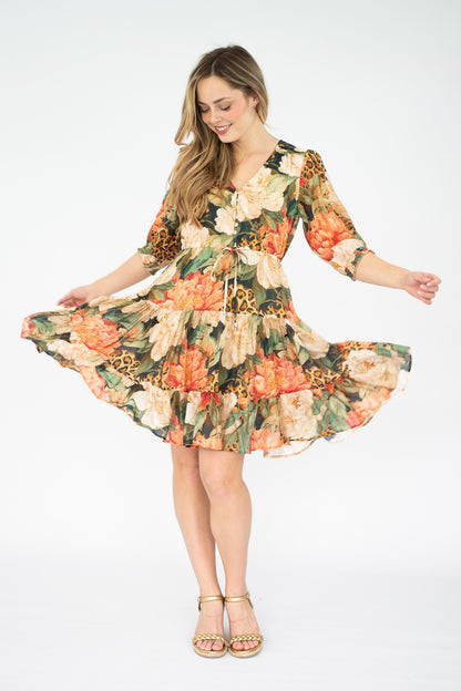 Leopard Peony Tiered Short Dress
