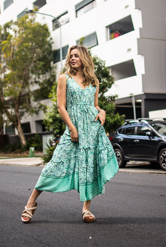 Floral Border Braid Frill Maxi Dress