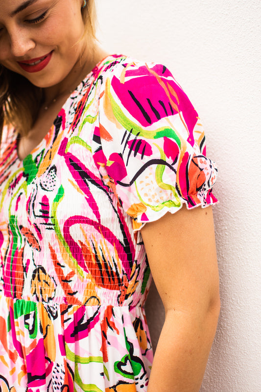 Shirred Abstract Garden Tiered Dress
