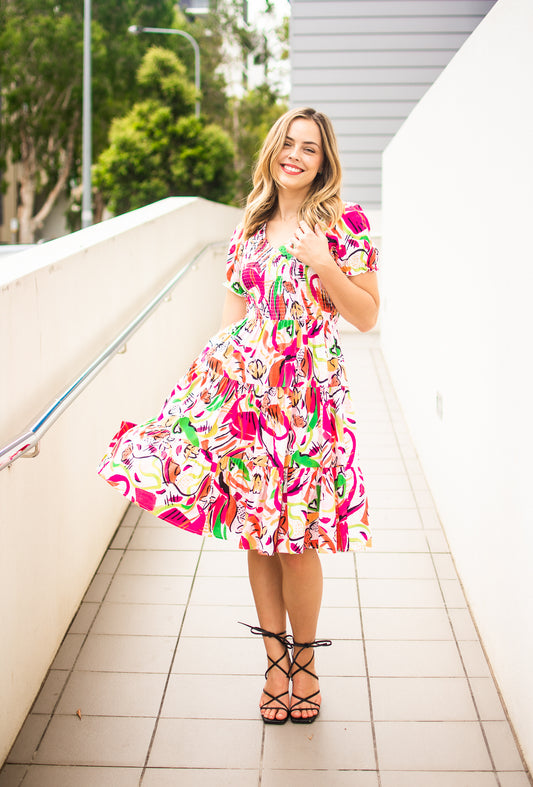 Shirred Abstract Garden Tiered Dress