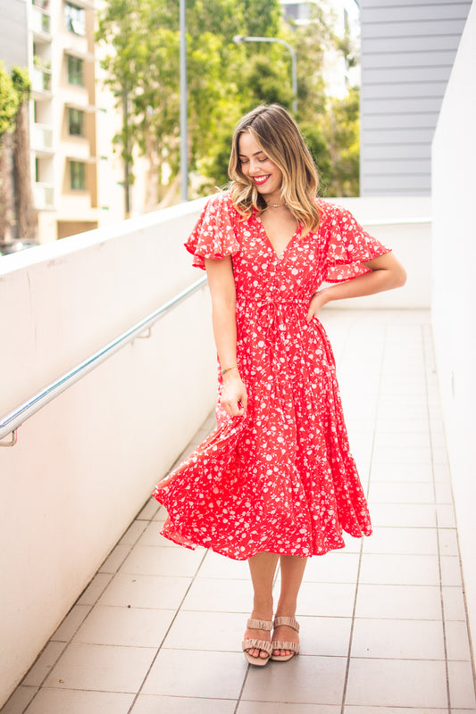 Rose Shower Tiered Midi Dress