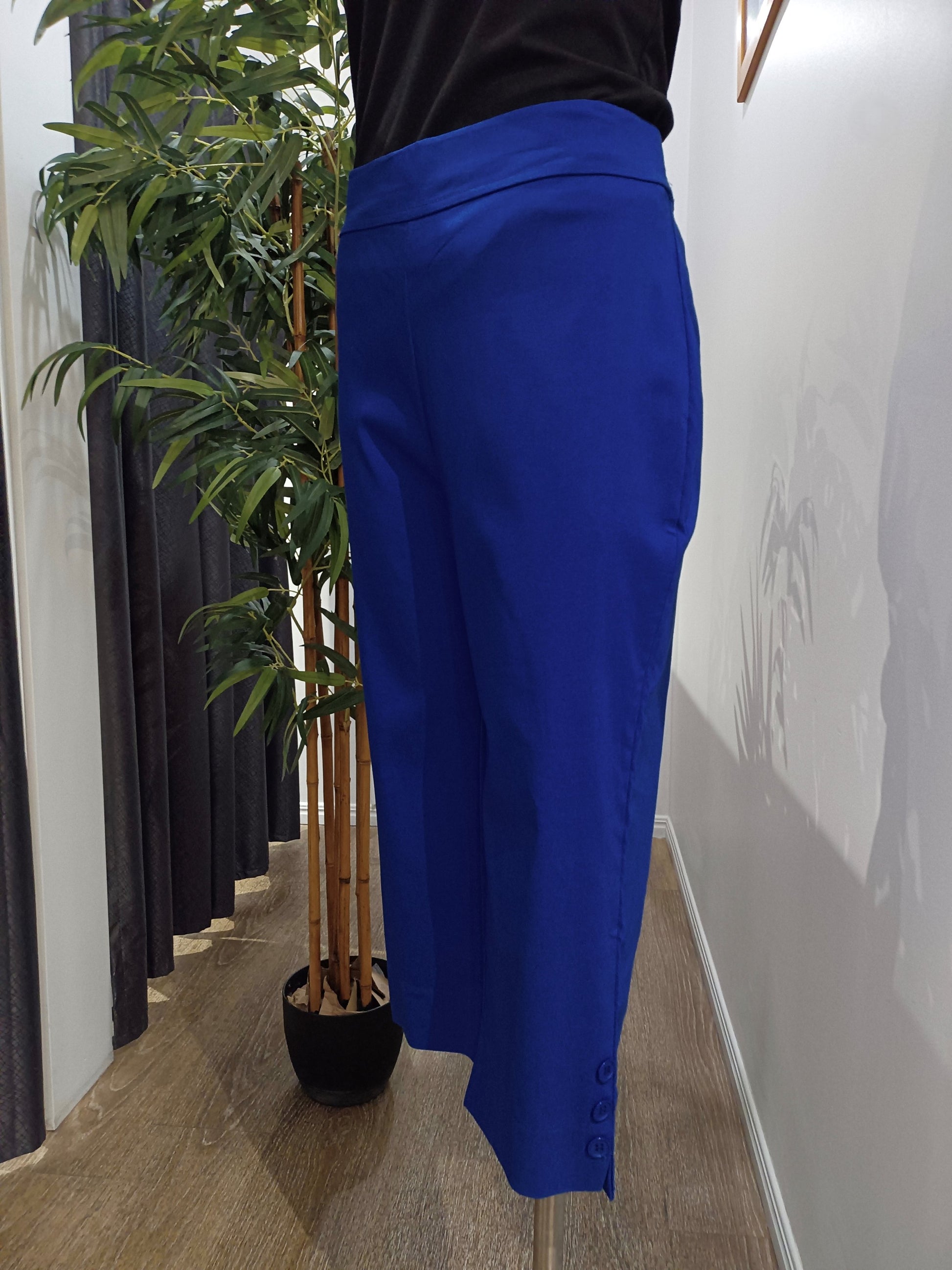 Mannequin wearing royal blue SSF Button Pants with a black top near Boo Boo's change rooms with fake plant in the background