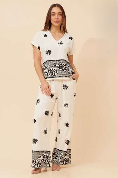 Embroidered Leaves Cotton Top-Pants Set
