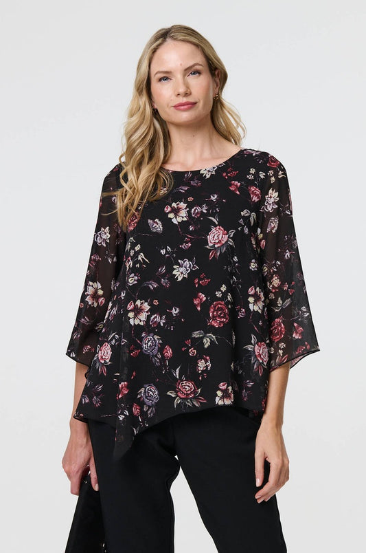 Floral Semi-Sheer Asymmetrical Top