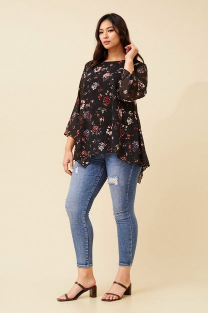 Floral Semi-Sheer Asymmetrical Top