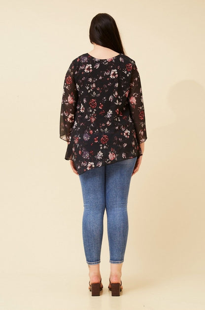Floral Semi-Sheer Asymmetrical Top