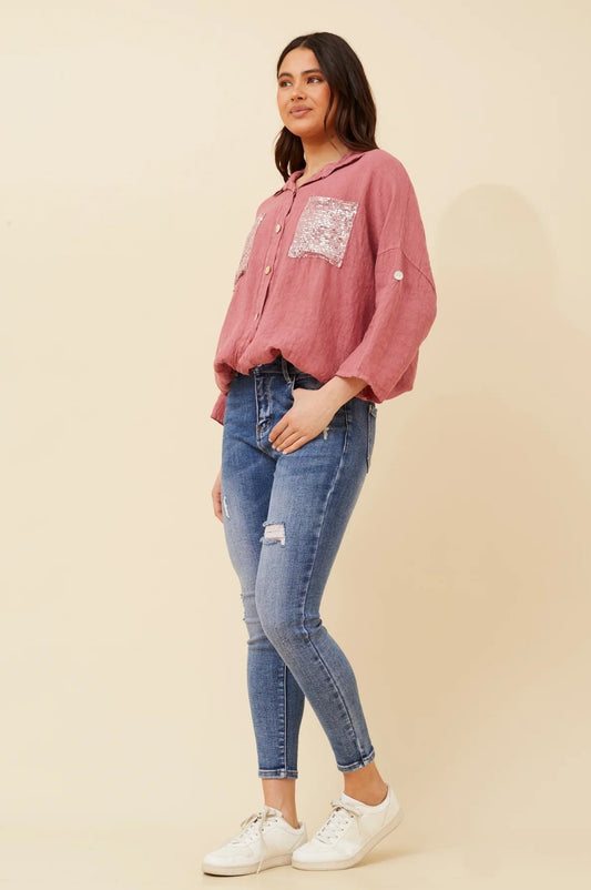 Sequin Pockets Italian Linen Shirt - NEW!