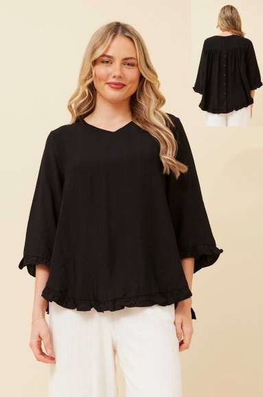 3/4 Frill Yoke Button Back Top