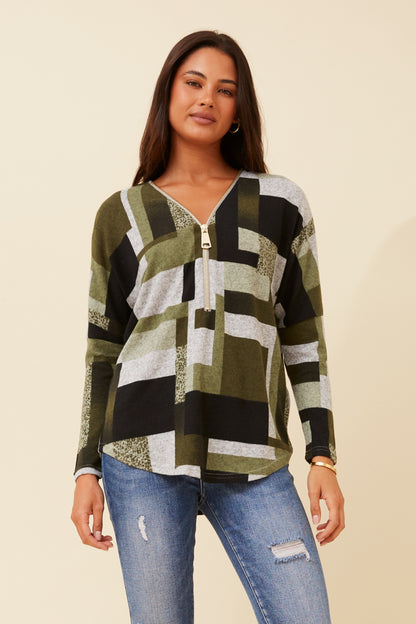 Blocks Zip-Up Pullover Top