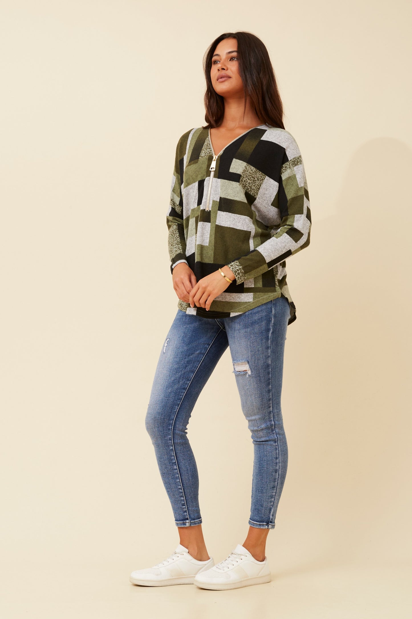 Blocks Zip-Up Pullover Top