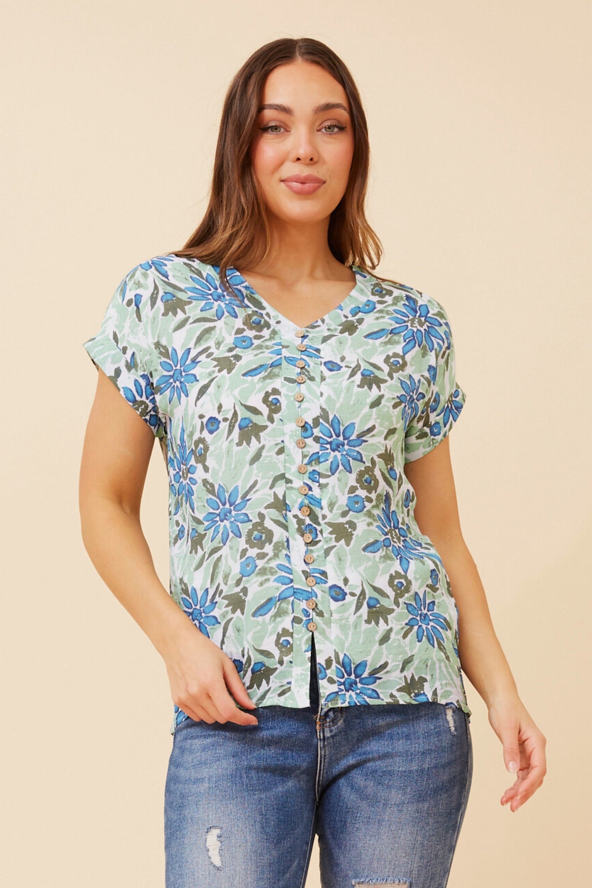 Blue Blooms Button Top