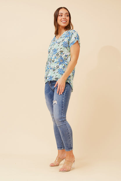 Blue Blooms Button Top