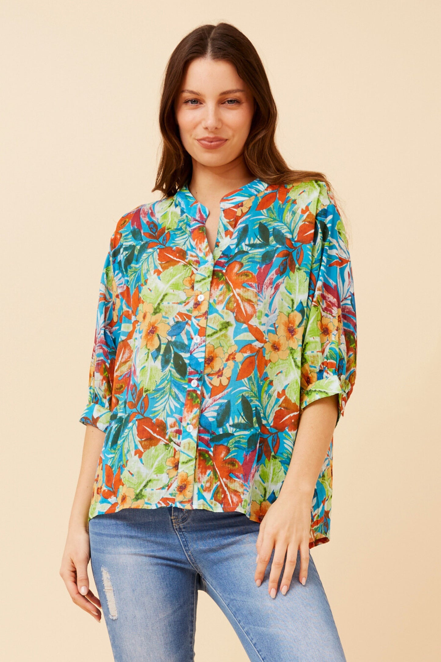 Tropical Button Back Oversized Cotton Shirt