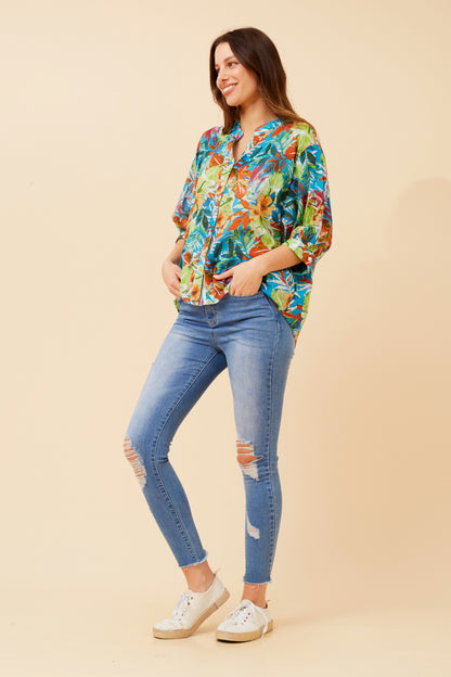Tropical Button Back Oversized Cotton Shirt