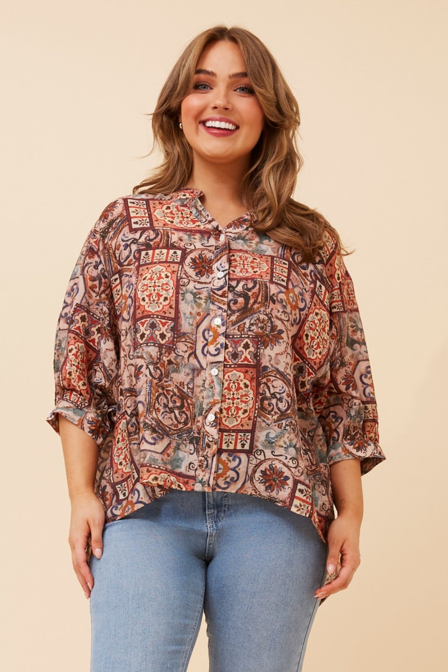 Patchwork Motifs Button Back Oversized Shirt