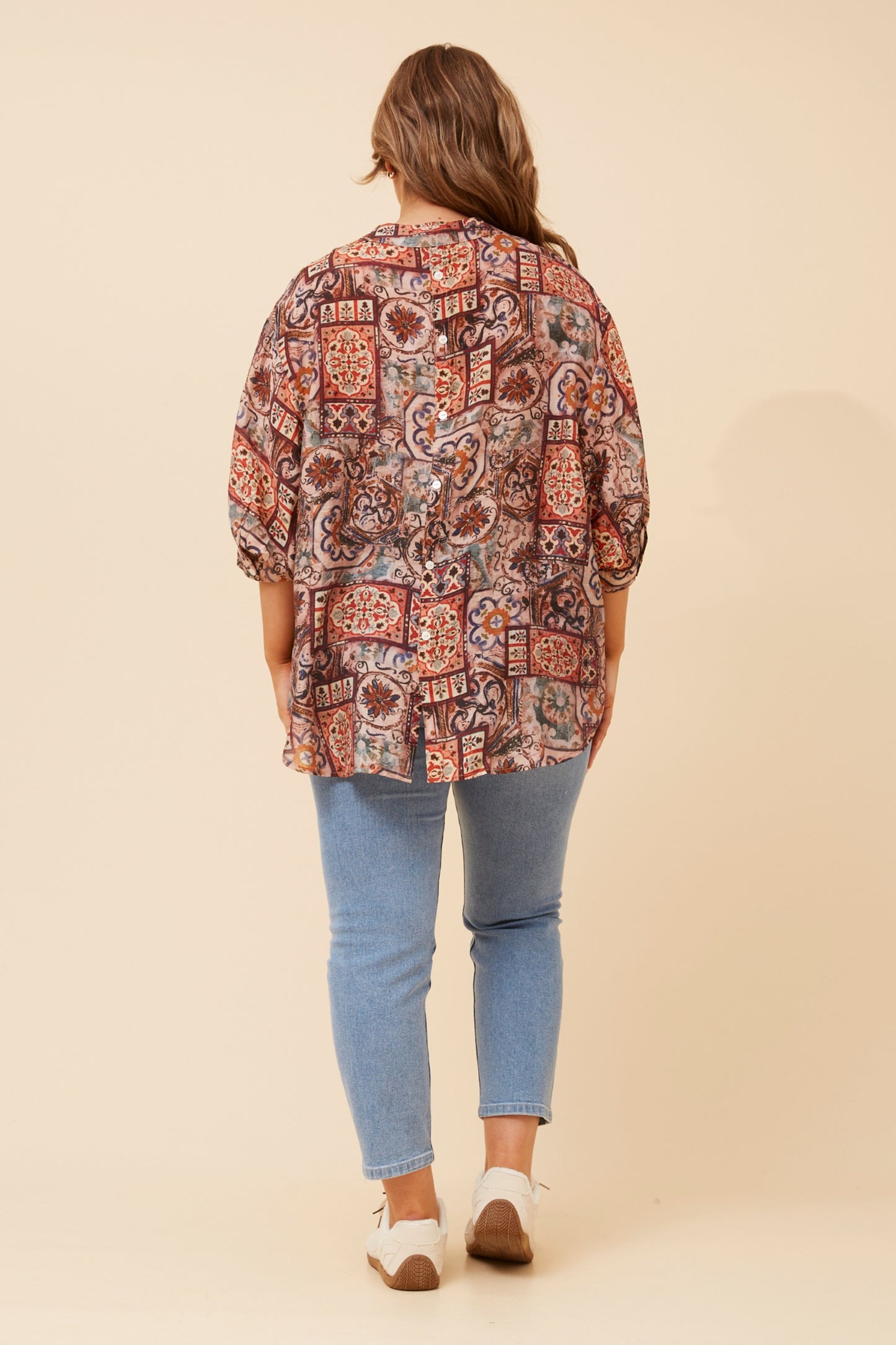 Patchwork Motifs Button Back Oversized Shirt