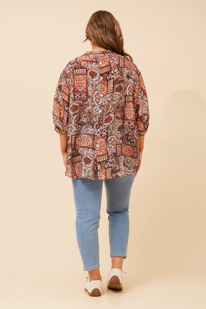Patchwork Motifs Button Back Oversized Shirt