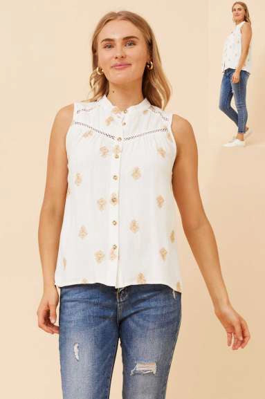 Sleeveless Embroidered Motif Shirt