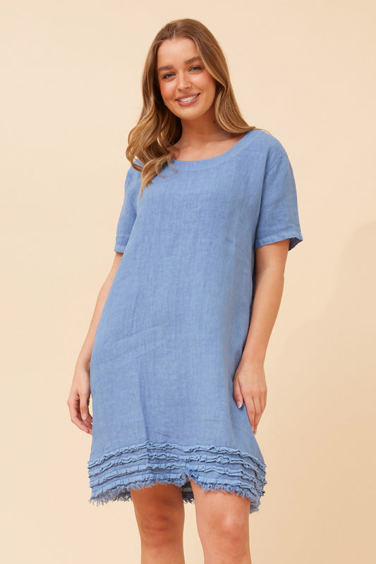 Linen Frill Pocket Short Shift Dress