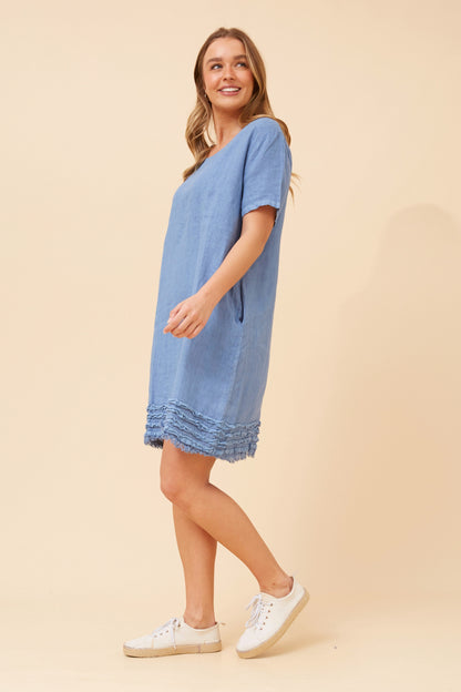 Linen Frill Pocket Short Shift Dress