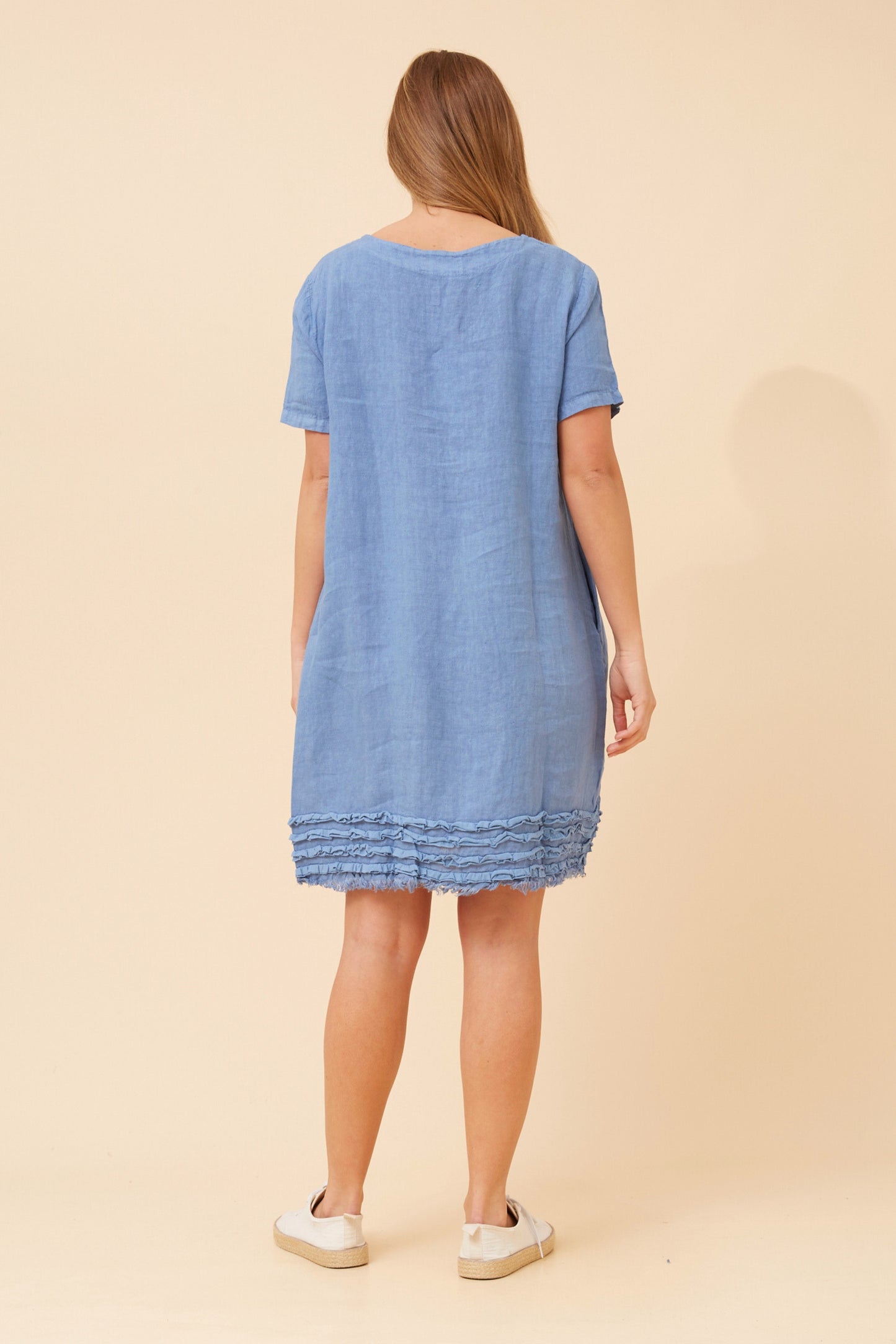 Linen Frill Pocket Short Shift Dress