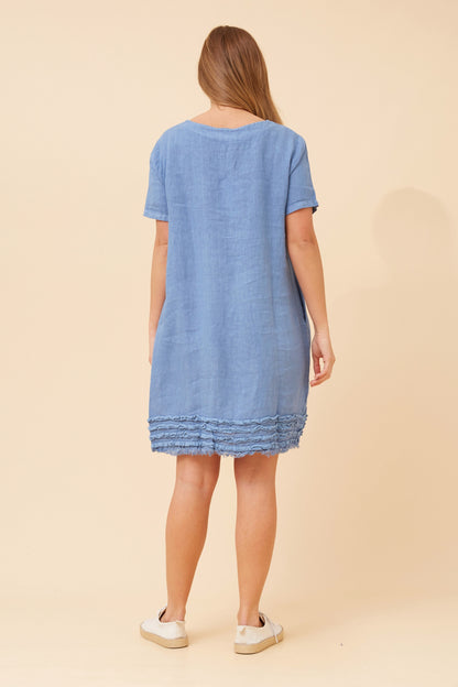 Linen Frill Pocket Short Shift Dress