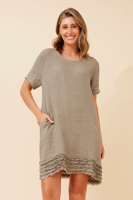 Linen Frill Pocket Short Shift Dress - NEW!