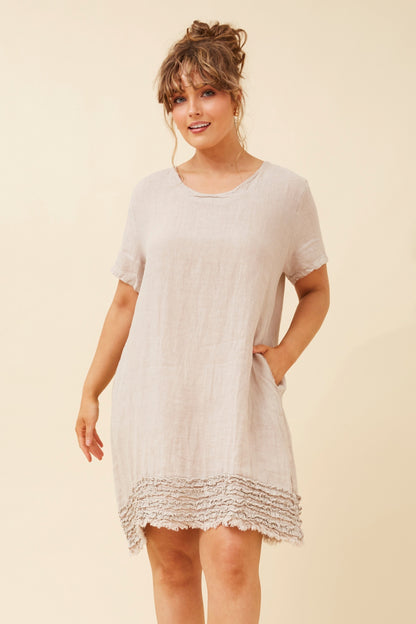 Linen Frill Pocket Short Shift Dress