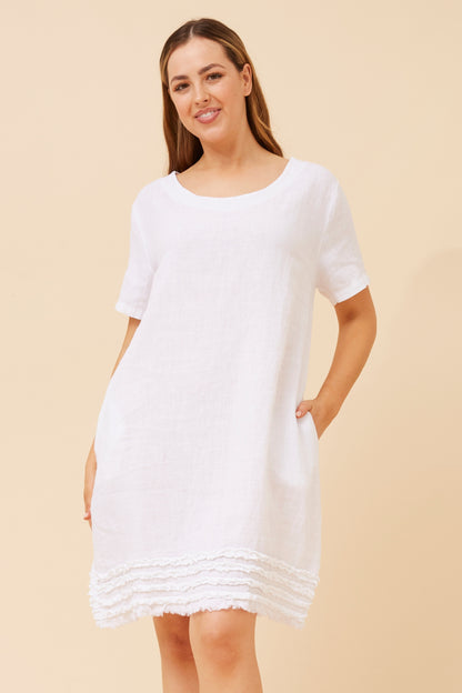 Linen Frill Pocket Short Shift Dress
