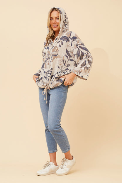 Floral Hooded Zip-Up Cotton Jacket