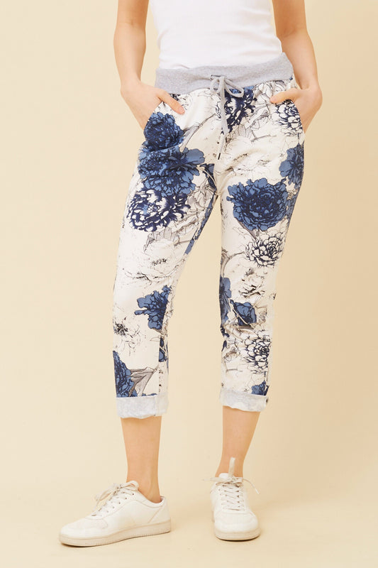Blue Blooms Italian 7/8 Cotton Pants