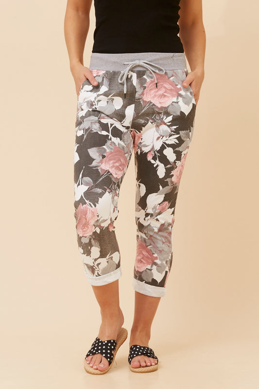 Distressed Floral Italian 7/8 Cotton Pants