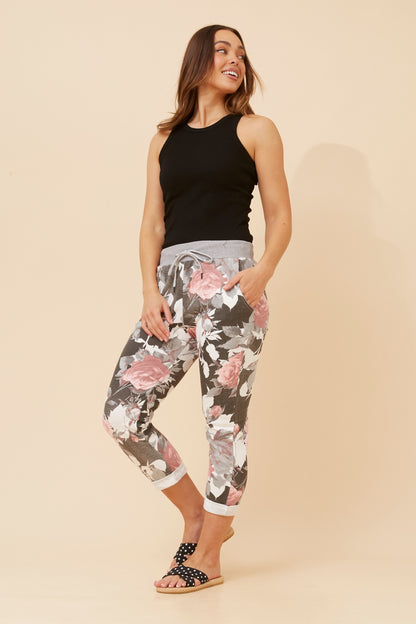 Distressed Floral Italian 7/8 Cotton Pants
