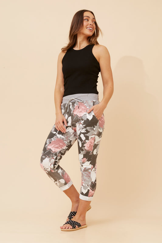 Distressed Floral Italian 7/8 Cotton Pants