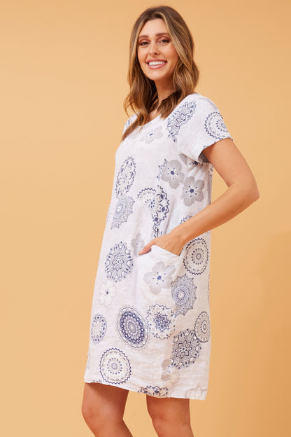 Floral Mandala Pocket Short Shift Dress