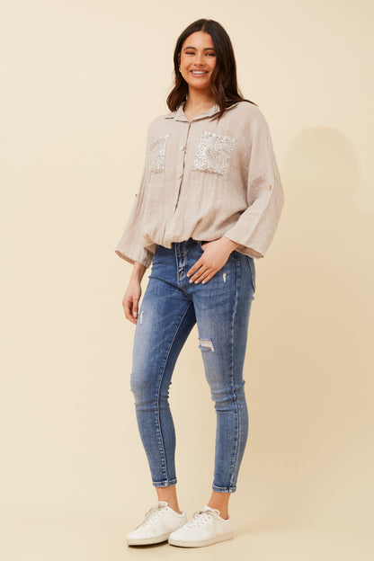 Sequin Pockets Italian Linen Shirt