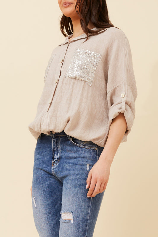 Sequin Pockets Italian Linen Shirt