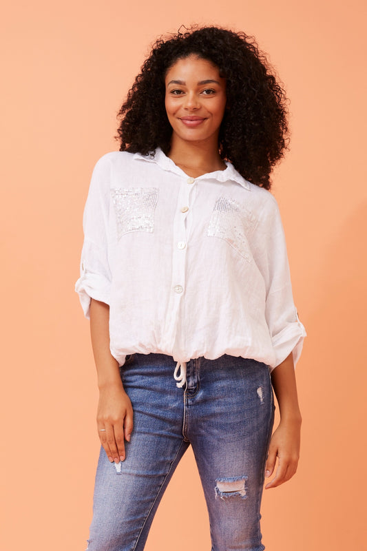 Sequin Pockets Italian Linen Shirt