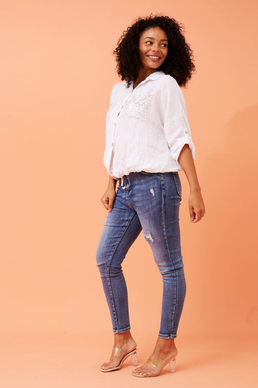Sequin Pockets Italian Linen Shirt